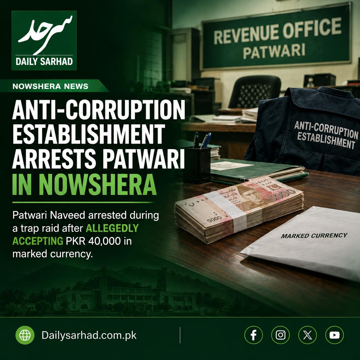 Anti-Corruption Team Arrests Nowshera Patwari Red-Handed in Bribe Trap
